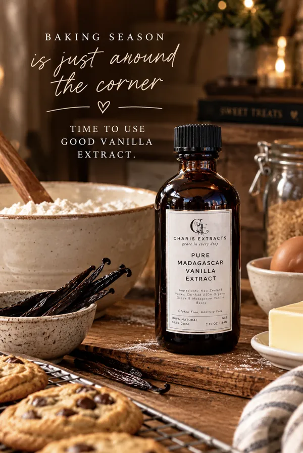 Charis Extracts Pure Madagascar Vanilla Extract bottle in a baking scene with vanilla beans, flour and cookies